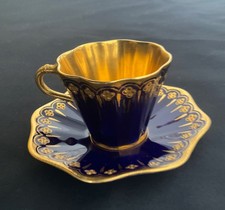 COALPORT JEWELLED COBALT BLUE + GILT MINIATURE CUP  4cm HIGH,  SAUCER 8.5cm WIDE