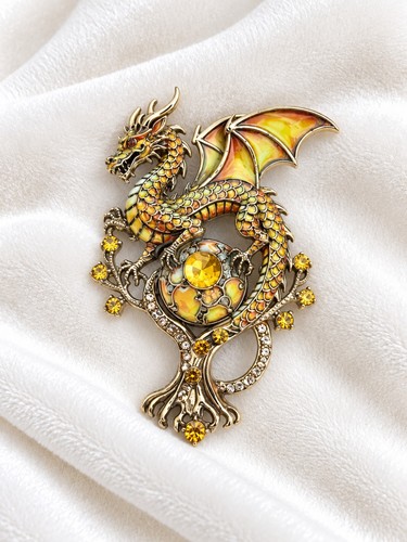 Fantasy dragon brooch yellow - dragon,