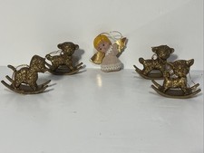 Retro Tree Trims Decor Gold Sparkly Rocking Horse Lamb Sheep Vtg Christmas Angle