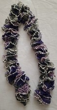 Hand Knitted Ruffle Scarf with Bobble edging Shades of Purple & Grey with white