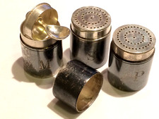 Antique Silver Plate Campaign Stacking Cruet Set Mustard (spoon), Salt & Pepper