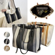 Large Capacity Women's Canvas Striped Handbag Tote Shoulder Bag Zip Computer Bag