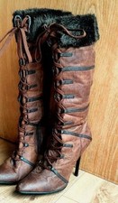 Ladies High Heel Brown Fancy Dress Costume Boots Pirate Wench S/M