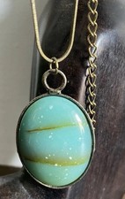 Vintage Green Marble Effect Stone Oval Necklace With Gold Coloured Chain.