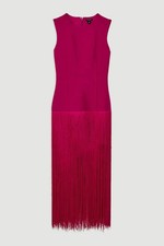KAREN MILLEN FIGURE FORM BANDAGE TASSEL HEM DRESS IN MAGENTA SIZE S *RRP £139