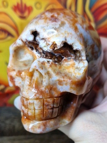 Carnelian flower agate skull - carnelian,