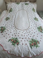Vintage Christmas Oval Tablecloth Holly Berry   52" X 86"