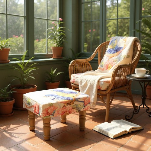 Bird printed linen footstool - bird,