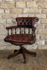 Vintage Burgundy Leather Chesterfield Style Swivel Captains Chair 