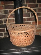 Vintage Large Round Rustic Fireside Log Storage Display Basket Handle Wooden Sty