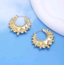 9CT GOLD ON STAINLESS STEEL SPIKED GYPSY CREOLE HOOP EARRINGS BOHO LARGE 2.5CM