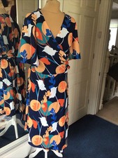 Ladies wrap dress in navy/oranges Satin Effect  Uk 22 Short Sleeves New No Tags