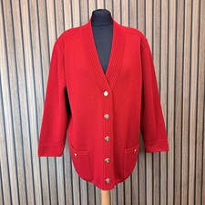 Grazia Italy Cardigan Womens UK 16 Red Chunky Knit V-Neck Merino