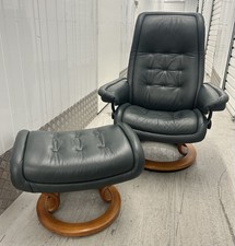 Ekornes Stressless Royal Green Leather Recline & Swivel Chair + Footstool