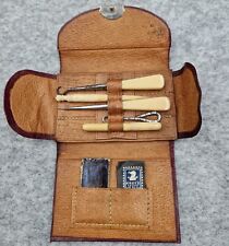 Sewing Needle Case Red Leather Pocket Fold Up Clasp Purse + Contents Antique