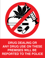 Poster Print Sign Notice No Drug Use Dealing Drugs on Premises Reported Police