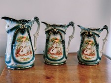 3 x Antique Victorian Vase Pitchers, Swans with Roses on Rear, Blue, White, Gilt