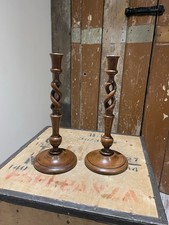 Antique English Barley Twist Candlesticks Candle Holders Brown Wooden