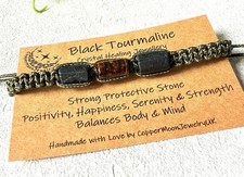Black Tourmaline & Tigers Eye Macrame Bracelet Crystal Gemstone Healing Bracelet