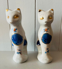 Pair of vintage oriental style Blue and White Cat Figurines Statue Ornaments