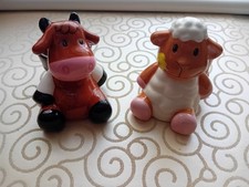 Two Novelty Farm Animals Glazed Ceramic Egg Cups - Cow & Sheep - Good, As Shown