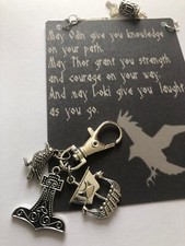 Viking Norse Keyring Thor's Hammer Odin Raven Charms Blessing Card