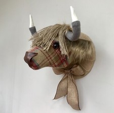Handmade highland cow faux taxidermy red tweed fabric wall mounted trophy head