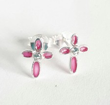 Children's Girls 925 Sterling Silver Cross Pink Crystal Stud Earrings
