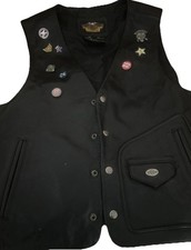 Vtg Biker Motorcycle Black Leather Vest Waistcoat With Badges And Patch Medium