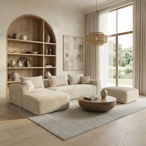 Beige shaped sofa two seater - l-shaped,