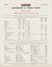 Reliant Regal Mk III & Van Mk II 1957 Lucas Spare Parts List  NOT ILLUSTRATED