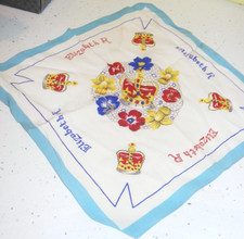 Vintage 1953 Coronation Handkerchief Queen Elizabeth II crepe light blue edge
