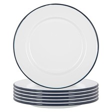 6x White Enamel Dinner Plates Metal Outdoor Camping Food Dishes 25.5cm Navy