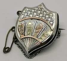 Vtg 1875-1900 Egyptian Revival Sterling Silver & Gold Sarcophagus Shield Brooch 