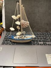 nice blue and white model fishing boat 9x 6 inchs wooden with lanzarote on side
