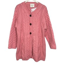 Kilronan Knitwear Sweater Womens Large Pink Merino Wool Aran Cardigan Ireland