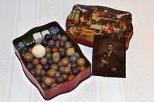 Vintage Tin “The Landlord’s Birthday” with Fivestones, Marbles & Tintype