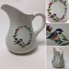 Old Fashioned Huge White Jug Pretty Floral & Bird Design Farmhouse Chic Jug Vase