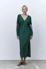 Zara Cutwork Embroidered Dress Maxi Dark Green Size S New with tags