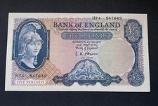 Bank of England £5 Note. L K O’Brien Lion And Key. H Prefix Uncirculated. B280.