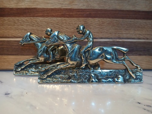 Pair brass horse and jockey - and,
