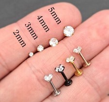 Simple Earring Flat Labret Back Round Diamond Cz Minimalist Cubic Gold Silver