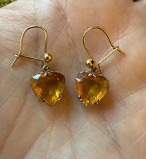 Vintage 9ct Yellow Gold Heart Citrine Earrings with Hooks Drop Dangle 2.85g
