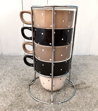 4x M&S Marks Spencer Stacking Hand Painted Mugs Black White Brown Spot Polka Dot
