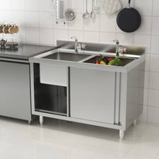 Stainless Steel Kitchen Sink Catering Work Table Storage Cabinet w/ Sliding Door