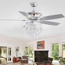 52" Crystal Ceiling Fan Light Modern Chandelier 5 Blades Remote 3 Color Lighting