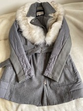RIVER ISLAND WOOL MIX FAUX FUR COLLAR COAT JACKET GREY SIZE 10