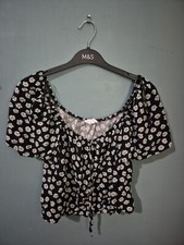 Primark Size 12 Black Floral Bardot Off Shoulder Cropped Top (125/84)