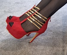 Red & Gold High Heel Peep Toe Strappy Platform Shoes w/ Ankle Bracelets - EU 42