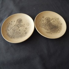 2 Poole Pottery Stoneware Dog Puppy Pin Dishes Plaques Small Plates 13cm